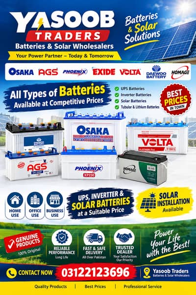 Yasoob Traders Daewoo,Osaka,AGS, Solar Lithium Batteries Wholesale