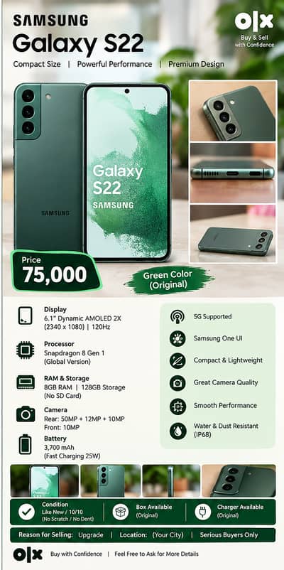 Samsung Galaxy S22 Green — Like New / 10/10