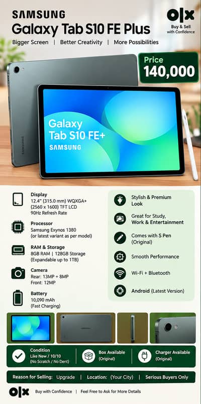 Samsung Galaxy Tab S10 FE+ — Like New / 10/10