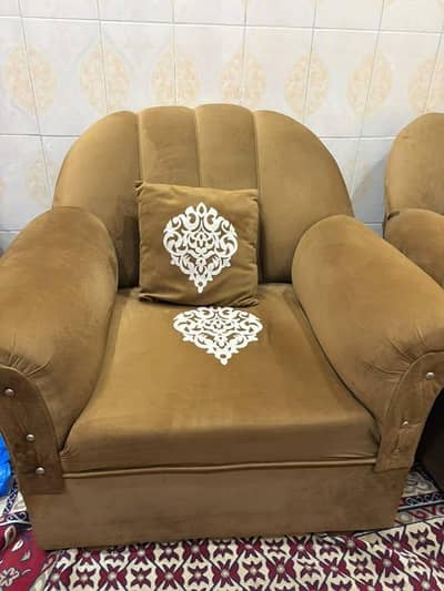 Elegant Brown Velvet Sofa Set (3+2+1 Seater) with Embroidered Pillows