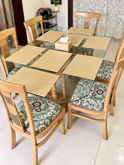 6 Seater Wooden Dining Table Set with Glass Top