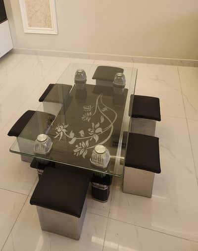 Modern Glass Top Dining Table Set with 6 Stools