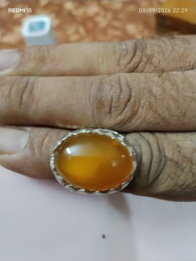 Authentic Iranian Yellow Aqeeq Ring in Handmade Silver Casing
