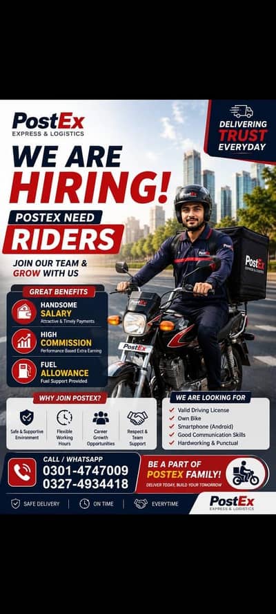 Bike rider for reputed courier company postex