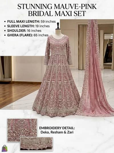 Stunning Mauve-Pink Bridal Maxi Set - Full Embroidered For Sale