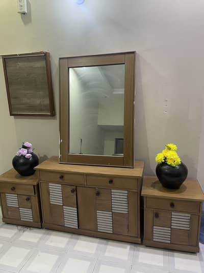 Light Brown Dressing Table and Side Table Set with Mirror