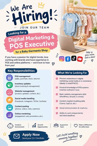 Looking for a Digital Marketing & POS Executive for a Baby Garments