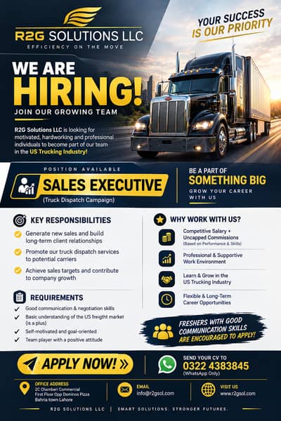 R2G Solutions is Hiring Sales Executives for Truck Dispatch Campgain.