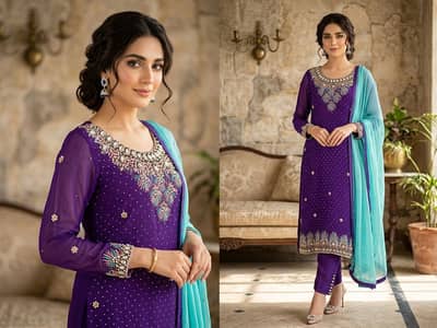 3-Piece Purple Chiffon Embroidered Dress + Stone work – Large Size