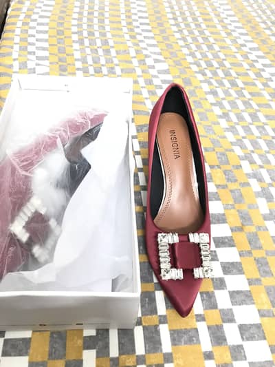 Maroon Satin Pumps with Stone Buckle - Kitten Heel - Size [8]