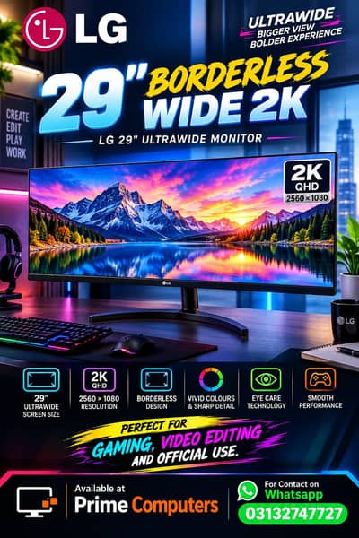 LG 29 Inch Ultrawide Borderless 2k Monitor Gaming Video Editing PC Lcd