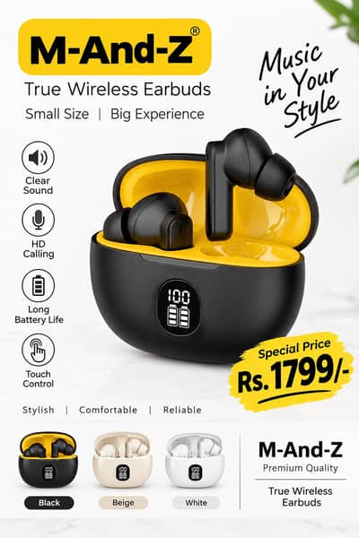 Premium Wireless Earbuds Black Yellow Bluetooth