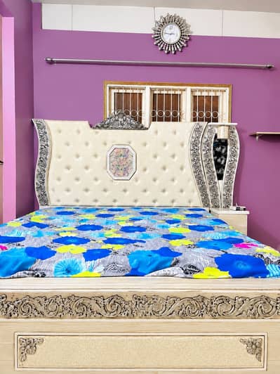 Wooden Bed along with two side tables