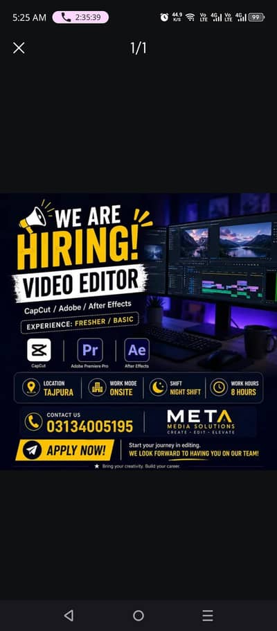 Hiring Video Editor for Night shift Onsite Lahore Near Tajpura