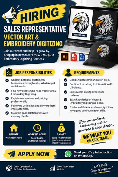 HIRING – SALES REPRESENTATIVE  Vector Art & Embroidery Digitizing