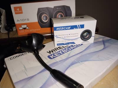 headphones, webcam, speakers, microphone, keyboard, hdd enclosure