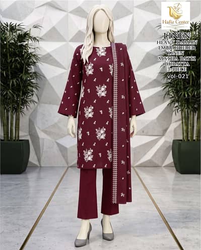 Beautiful 3 Piece Linen Suit | All Over Embroidered |