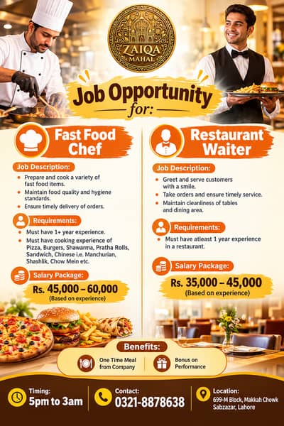 Fast Food Chef and Waiters Required in Sabzazar