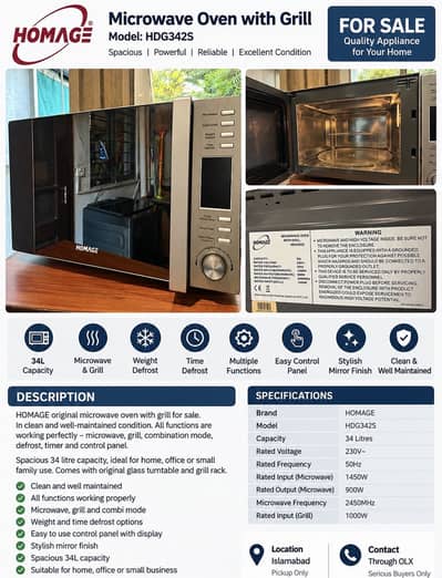 HOMAGE 34L Microwave Oven with Grill – HDG342S – Fully Working