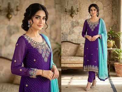 3-Piece Purple Chiffon Embroidered Dress + stone work – Large Size