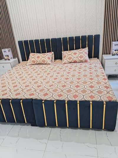 Single Beds Pair Navy Blue Velvet with Golden Lace
