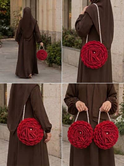 Handmade Red Crochet Rose Bag with Pearl Strap – Elegant Flower Desig
