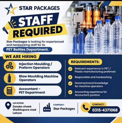 Staff Required – PET Bottles Department | Star Packages | Lahore