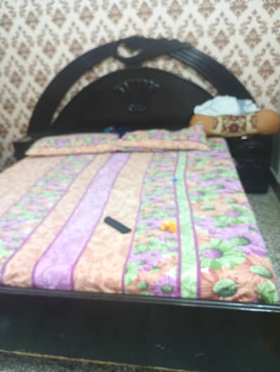 Wooden king size bed without mattress with two side tables