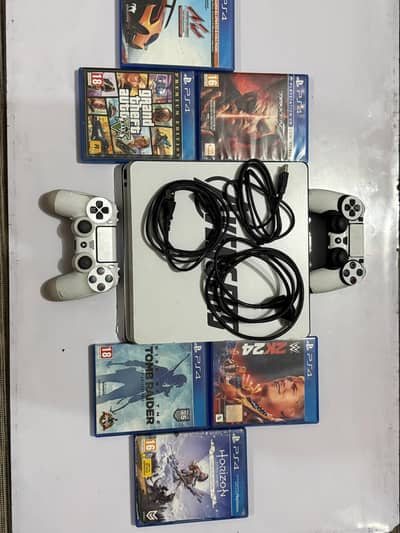 PS4 Slim 500GB+ 2 Controllers + 5 Original Games – Complete Set