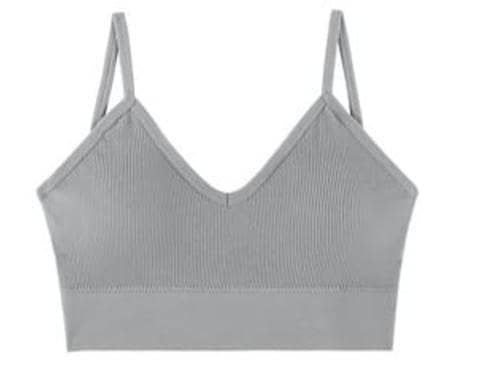 Ribbed V-Neck Crop Top for Women – Small Size, Seamless Stretchable Bralette, Casual Innerwear, Grey