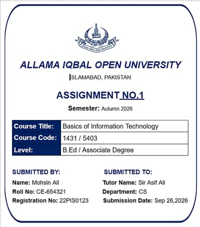 AIOU Assignment Typing & Front Page Making Service
