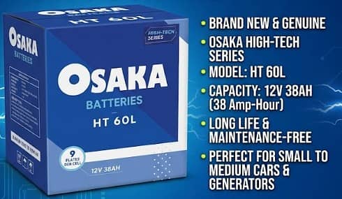 Osaka HT 60L High-Tech Battery | 12V 38Ah | 9 Plates Per Cell 