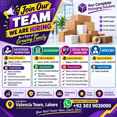 Hiring Salesman, Accountant, Social Media Staff & Office Boy - Lahore.