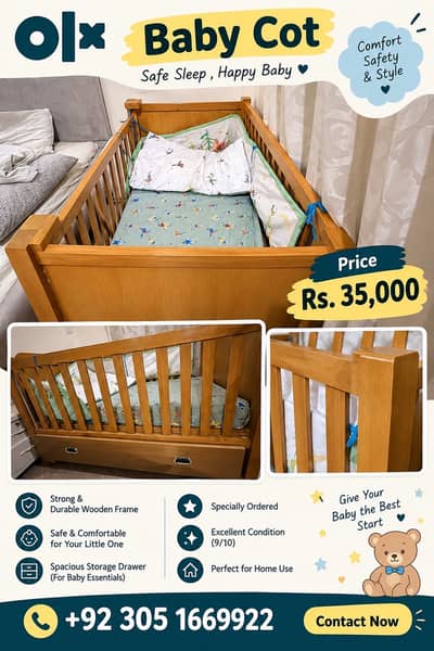 Title  Beautiful Wooden Baby Cot | Excellent Condition