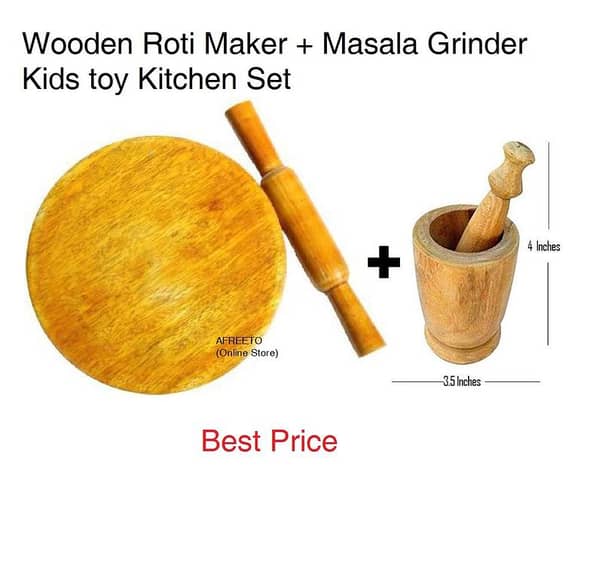 Wooden Roti Maker + Masala Grinder Kids Toy Kitchen Set