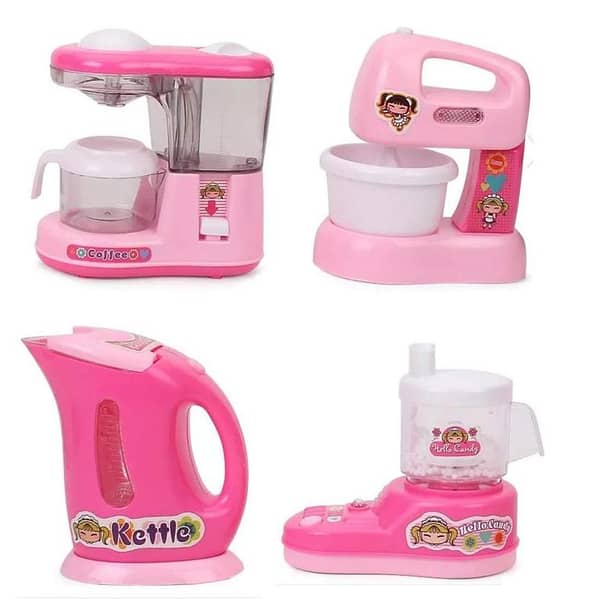 Battery Operated Mini Household 4 in 1 Set of Toy Home Appliance and Kitcen Utility TOy set With Light & Sound. This battery operated household set is a Working model of Household Kitchen Articles That turns on once the battery is inserted and the switch