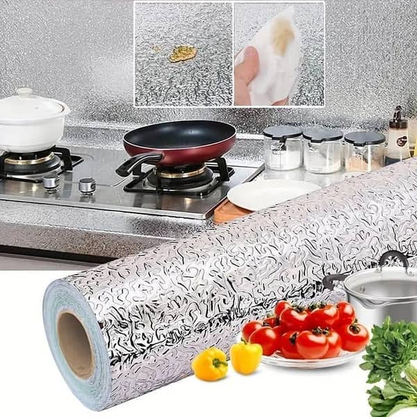 Silver Pattern Self-Adhesive Vinyl Wallpaper Roll - Shapes and Stripes Style Waterproof and Oil-Proof Aluminum Foil Sticker  for Kitchen Countertops, Office Desks, and Cabinets - Peel and Stick Removable Wallpaper