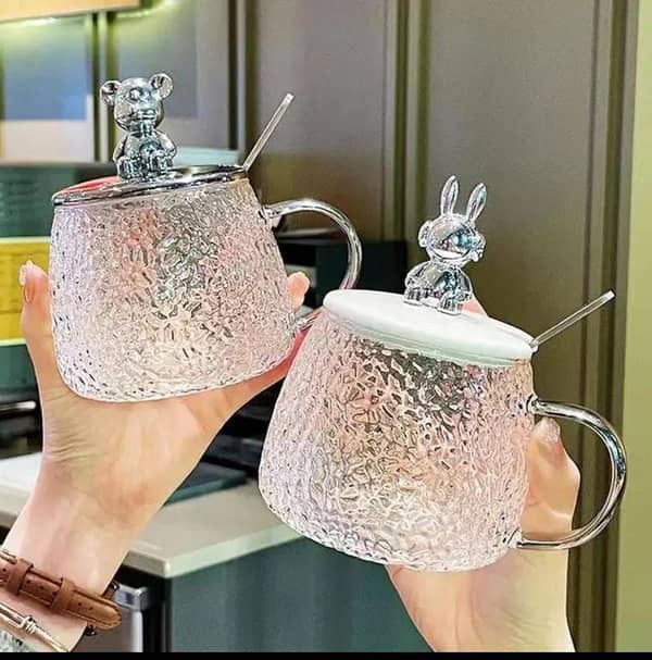 Cute Textured Bunny Glass Material Coffee Mug with Spoon (with Box Packing)