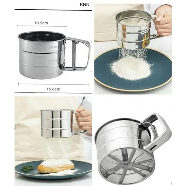 Stainless Steel Flour Sifter Manual Food Strainer Atta chhani Baking Hand Press Design in pakistan