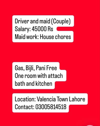 Driver Job + Maid (Full time) Lahore