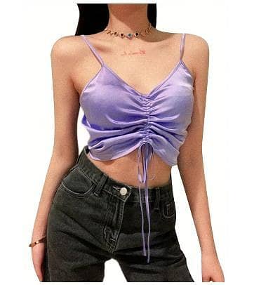Lilac Satin V-Neck Drawstring Ruched Crop Top For Women | Sleeveless Spaghetti Strap Party Wear Top