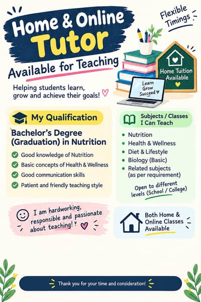Home and Online tutor Available ( female teacher)