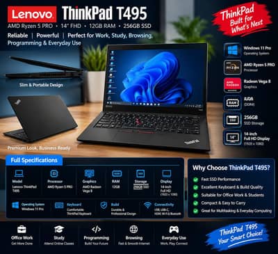 Lenove T495 Laptop 12 GB RAM | 256 SSD | Display: 14-inch Full HD