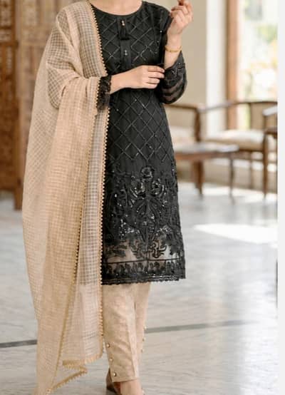 3-Piece Organza Embroidered Suit with Banarsi Trouser