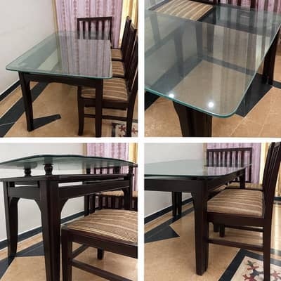 8 Seater Glass Top Wooden Dining Table with 8 Chairs