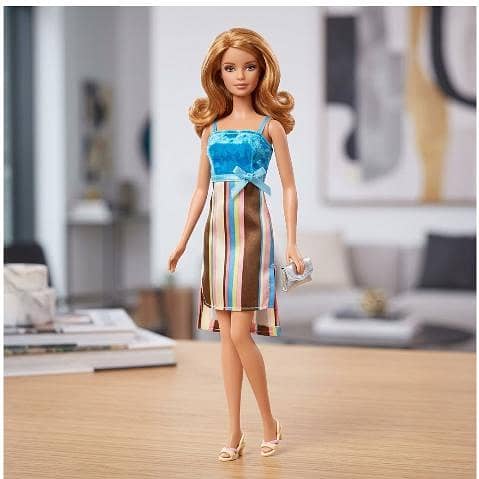 Stylish Multi-Color Striped Fashion Doll Dress with Blue Velvet Top & Bow
