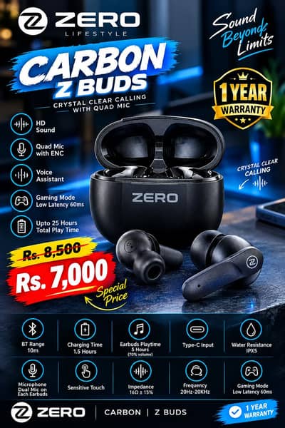 ZERO Carbon Z-Buds – Premium Wireless Earbuds | 1 Year Warranty