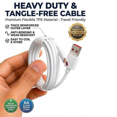 6A Fast Charging USB to Type-C Cable | 1.5 Meter | Durable Data Cable