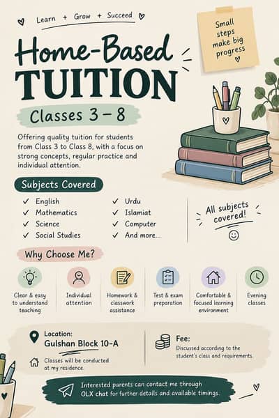 Home Based Tuition | Classes 3–8 | All Subjects | Gulshan Block 10-A