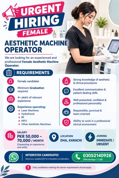 URGENT HIRING – AESTHETIC MASHINE OPERATOR